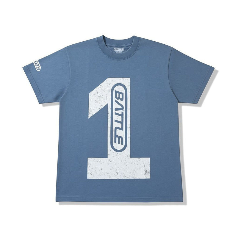 Battle Sports blue oversized 100% cotton t-shirt with distressed '1' graphic and sleeve logo.