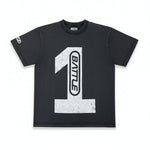 Battle Sports black oversized 100% cotton t-shirt with distressed white number 1 graphic and sleeve logo.