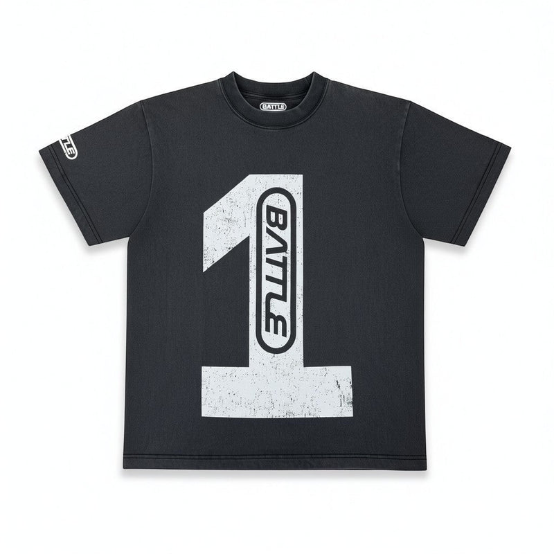 Battle Sports black oversized 100% cotton t-shirt with distressed white number 1 graphic and sleeve logo.