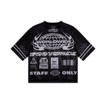 Black graphic t-shirt with text and symbols