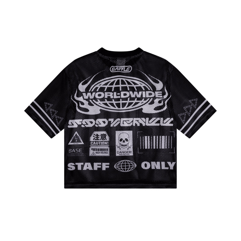 Black graphic t-shirt with text and symbols