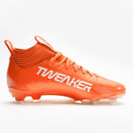 A pair of bright orange football cleats with white 'BATTLE', displayed on a clean white background.