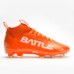 A pair of bright orange football cleats with white 'BATTLE', displayed on a clean white background.