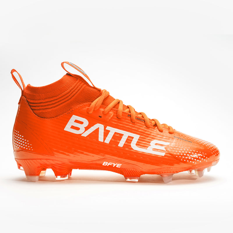 A pair of bright orange football cleats with white 'BATTLE', displayed on a clean white background.