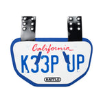Football backplate with 'California K33P UP' text and 'Battle' branding on a white background