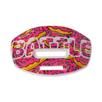 Pink mouthguard with white straps on a white background, featuring the Battle brand logo.