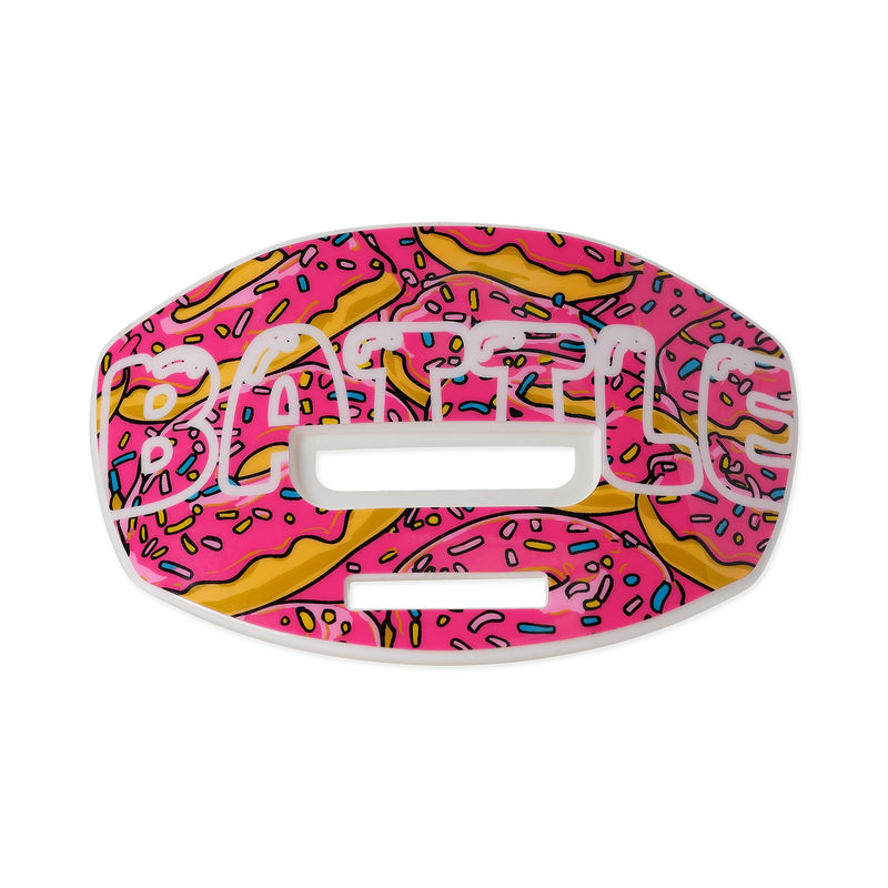 Pink mouthguard with white straps on a white background, featuring the Battle brand logo.