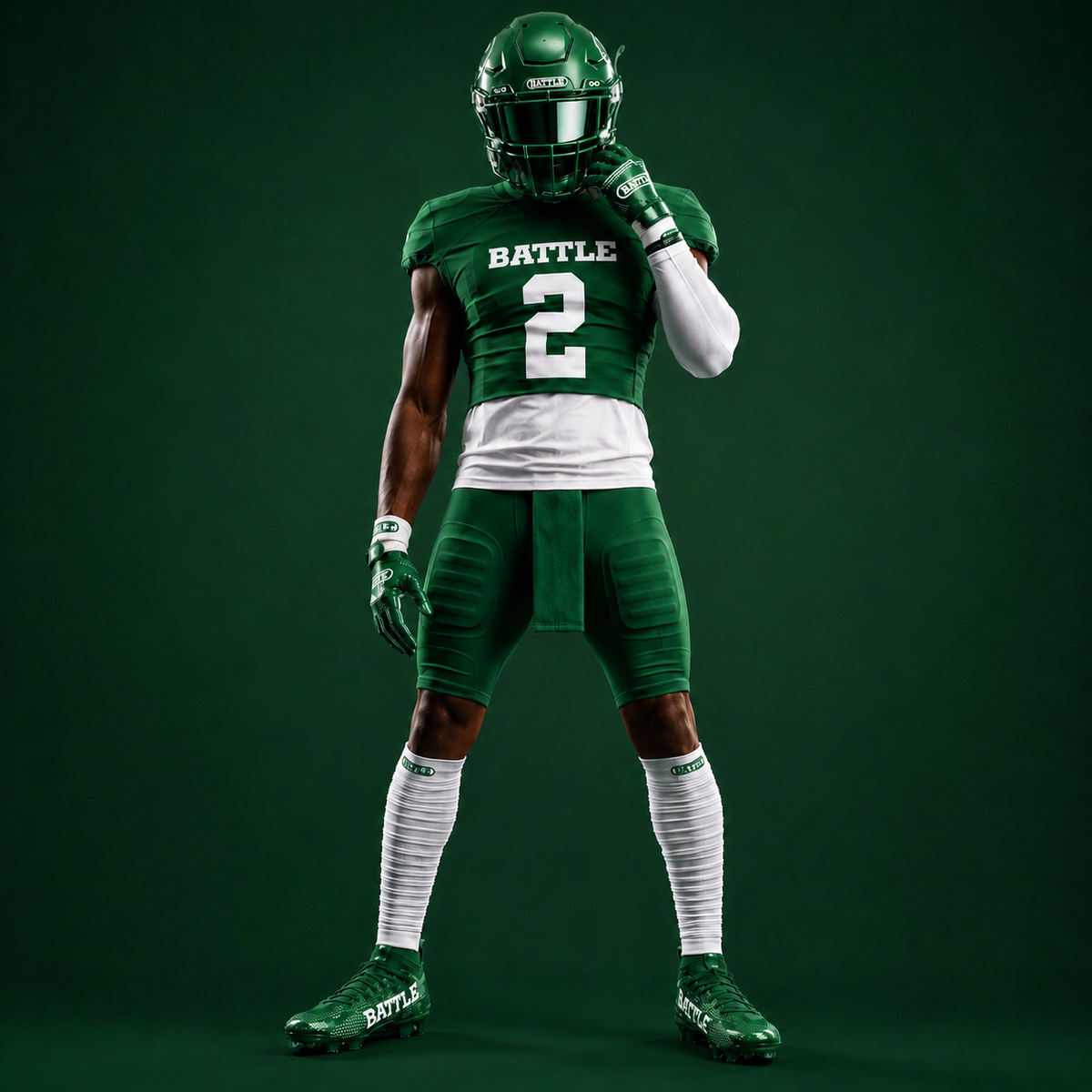 Person wearing a green football uniform with 'Battle' branding on a dark green background