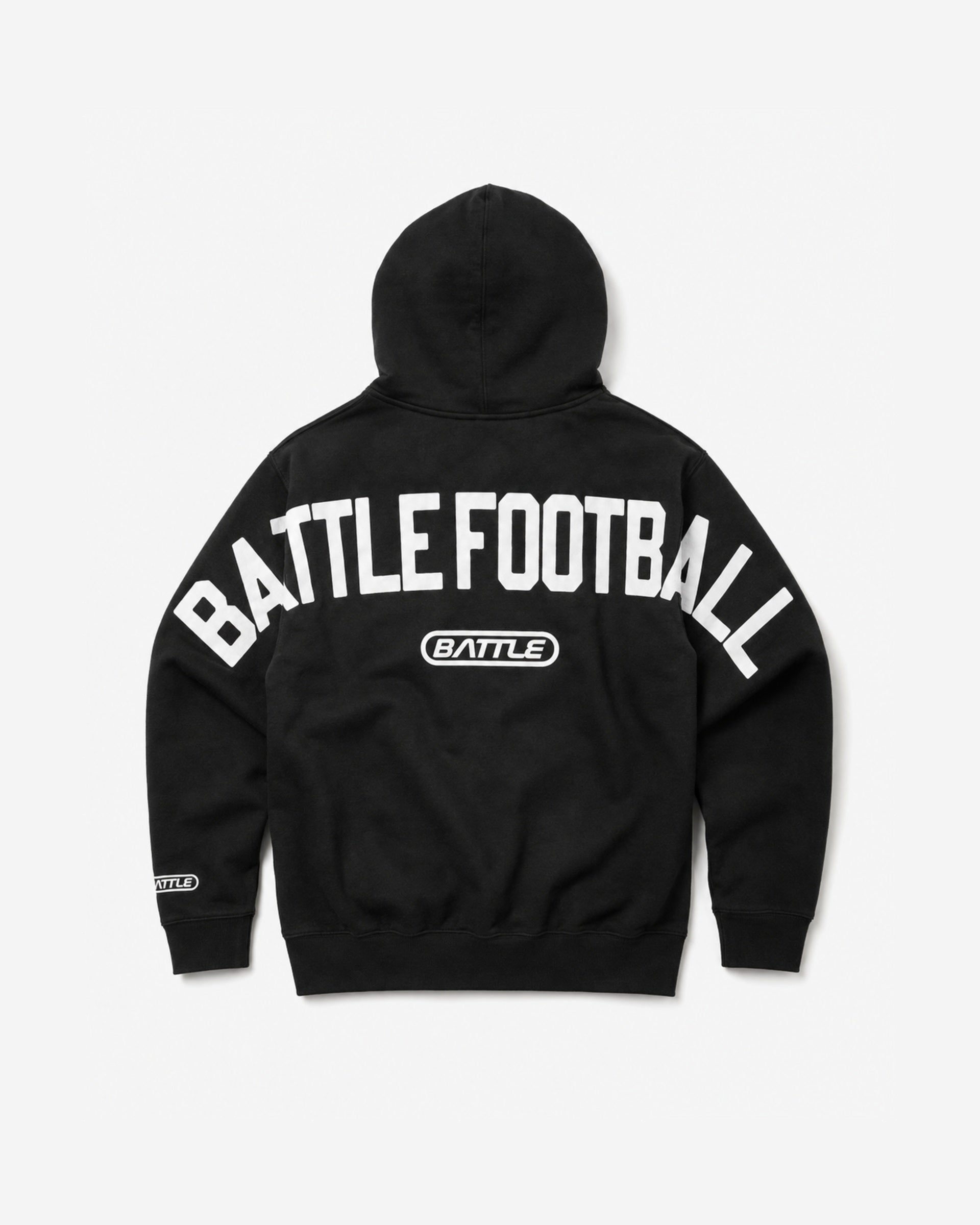 Black hoodie with 'BATTLE FOOTBALL' text on a white background