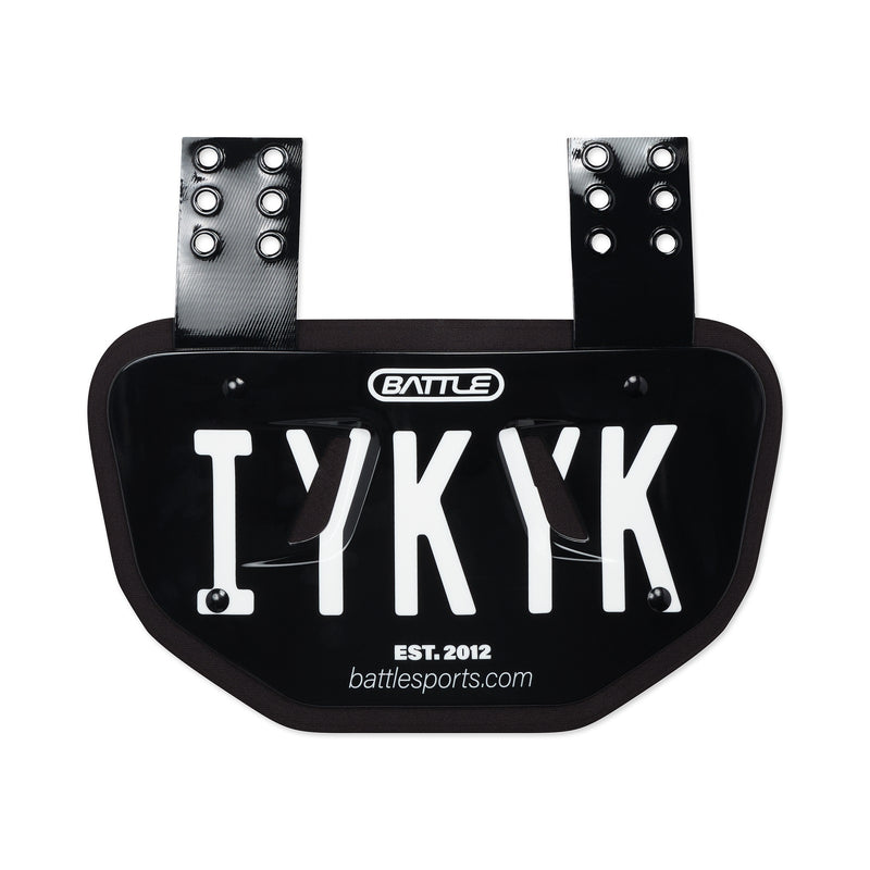 Black football backplate with 'I YKYK' branding on a white background