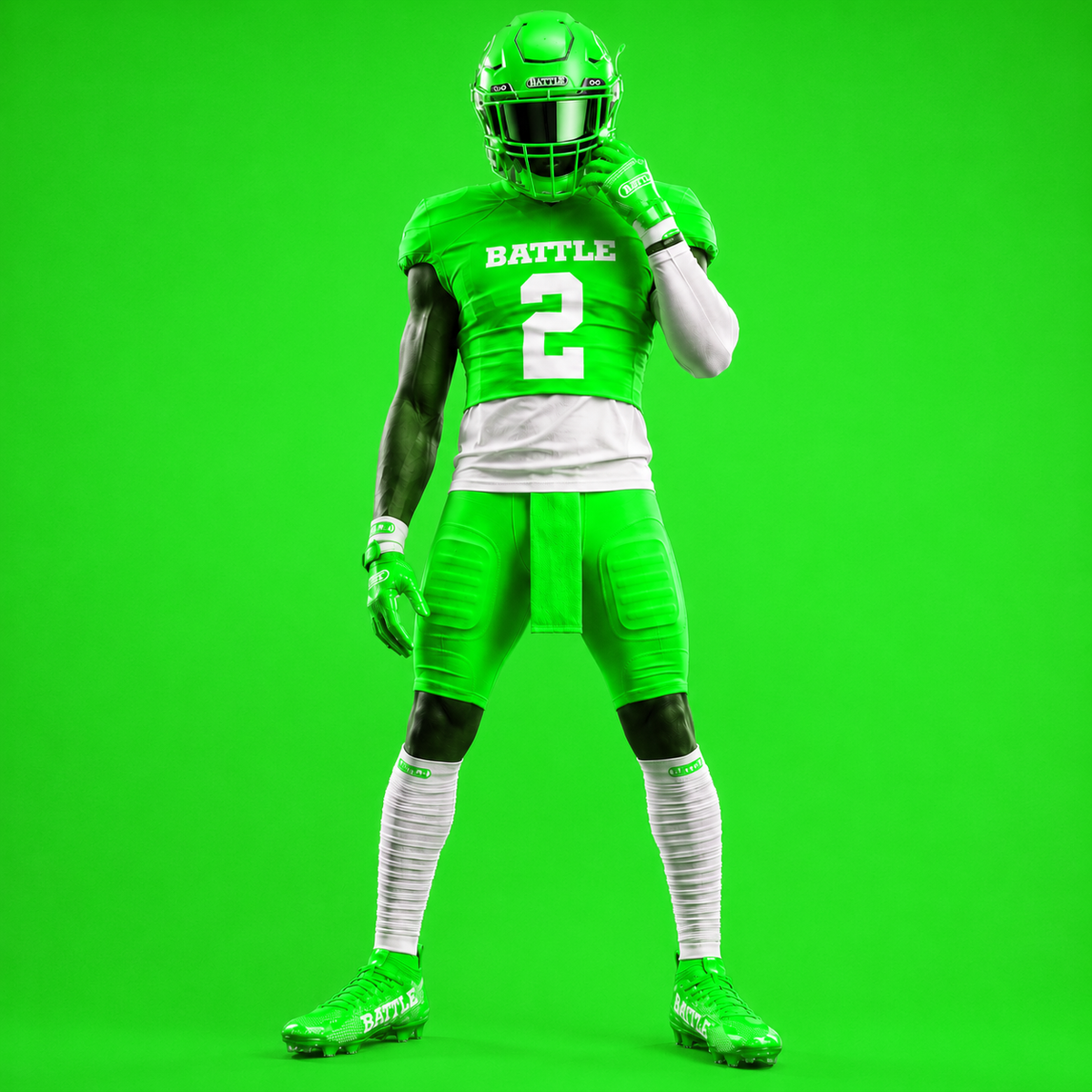 A football player wearing a bright green and white uniform with the number 2 on the chest, a matching helmet, gloves, socks, and cleats, standing against a solid green studio background.