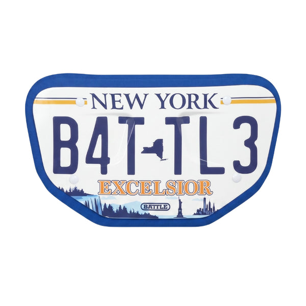 Novelty license plate with 'New York' text and 'B4TTL3 EXCELSIOR' branding on a white background