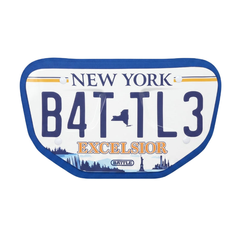 Novelty license plate with 'New York' text and 'B4TTL3 EXCELSIOR' branding on a white background