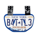Football back plate with New York license plate design on a white background