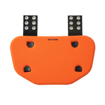 Orange backplate with black straps on a white background