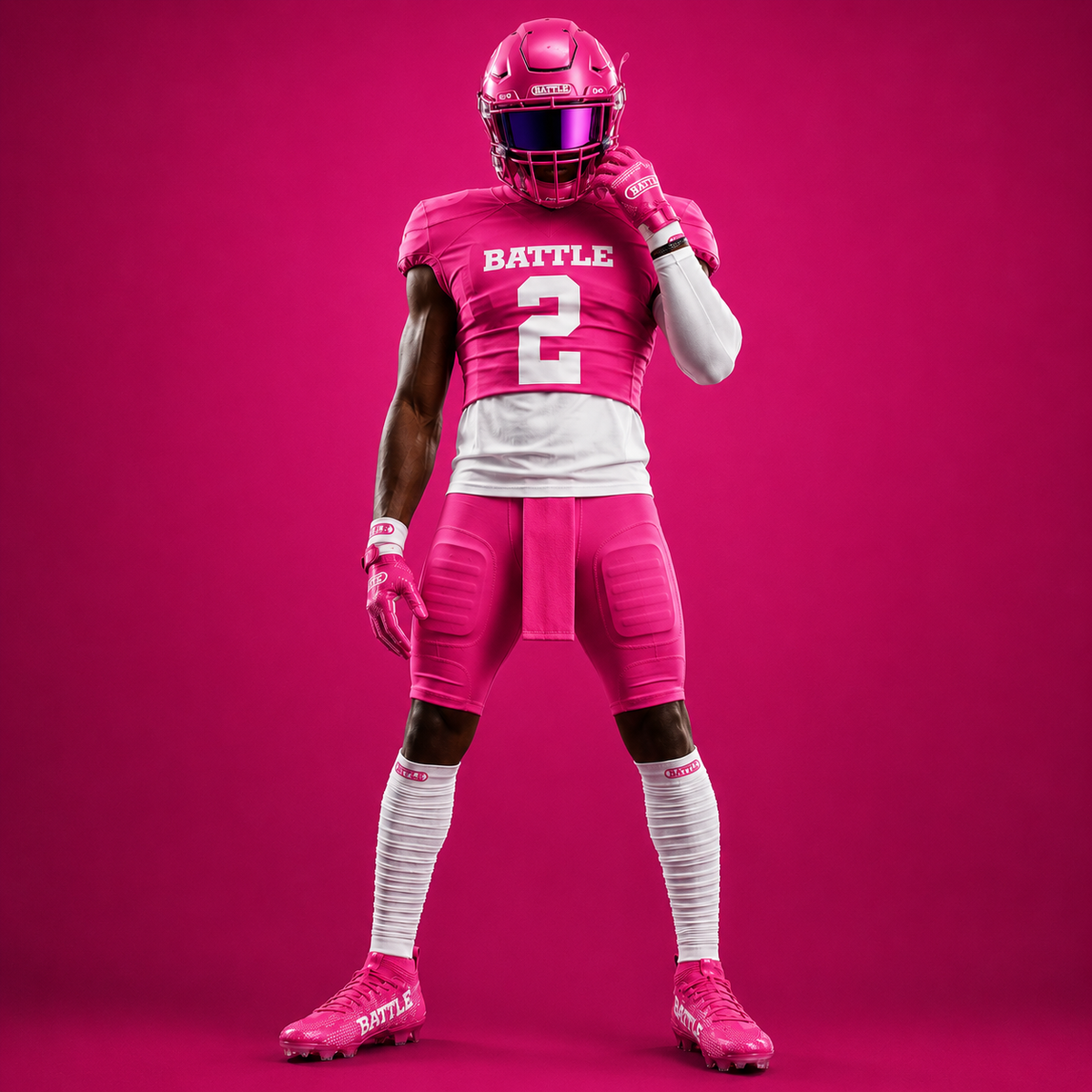 Person wearing a pink football uniform with the number 2 on a pink background