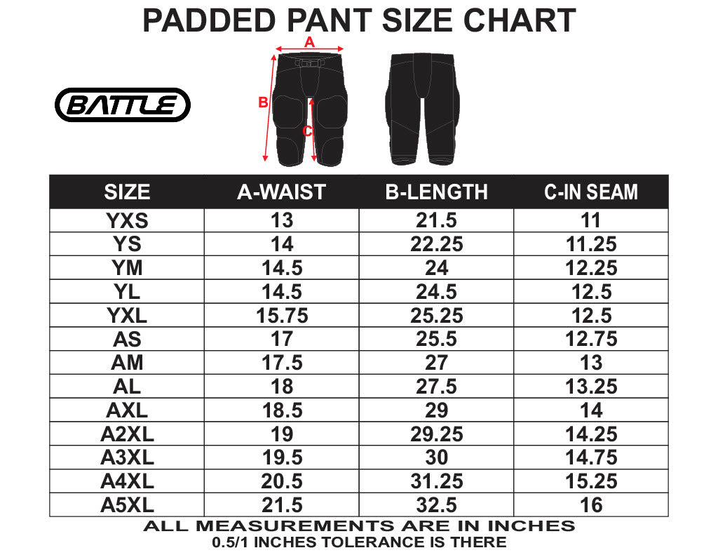 A padded pant size chart graphic with the BATTLE logo, a small front/back view of black fitted pants, measurement arrows labeled A and B, and a size table listing waist, length, and inseam measurements in inches.