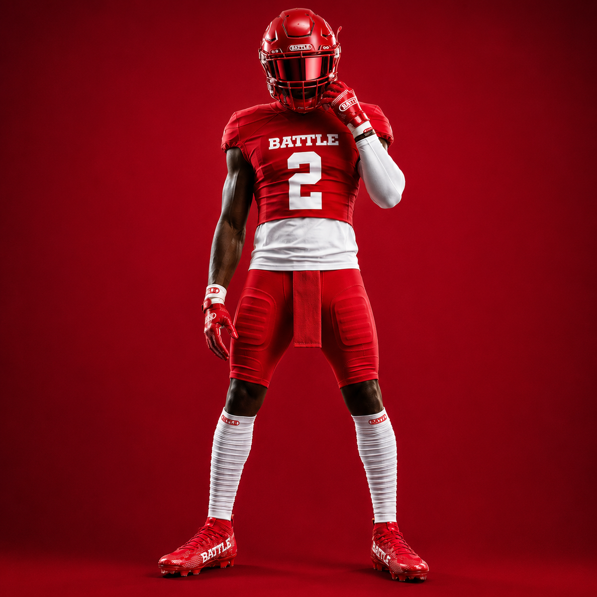 Person wearing a red football uniform with 'Battle' branding on a red background