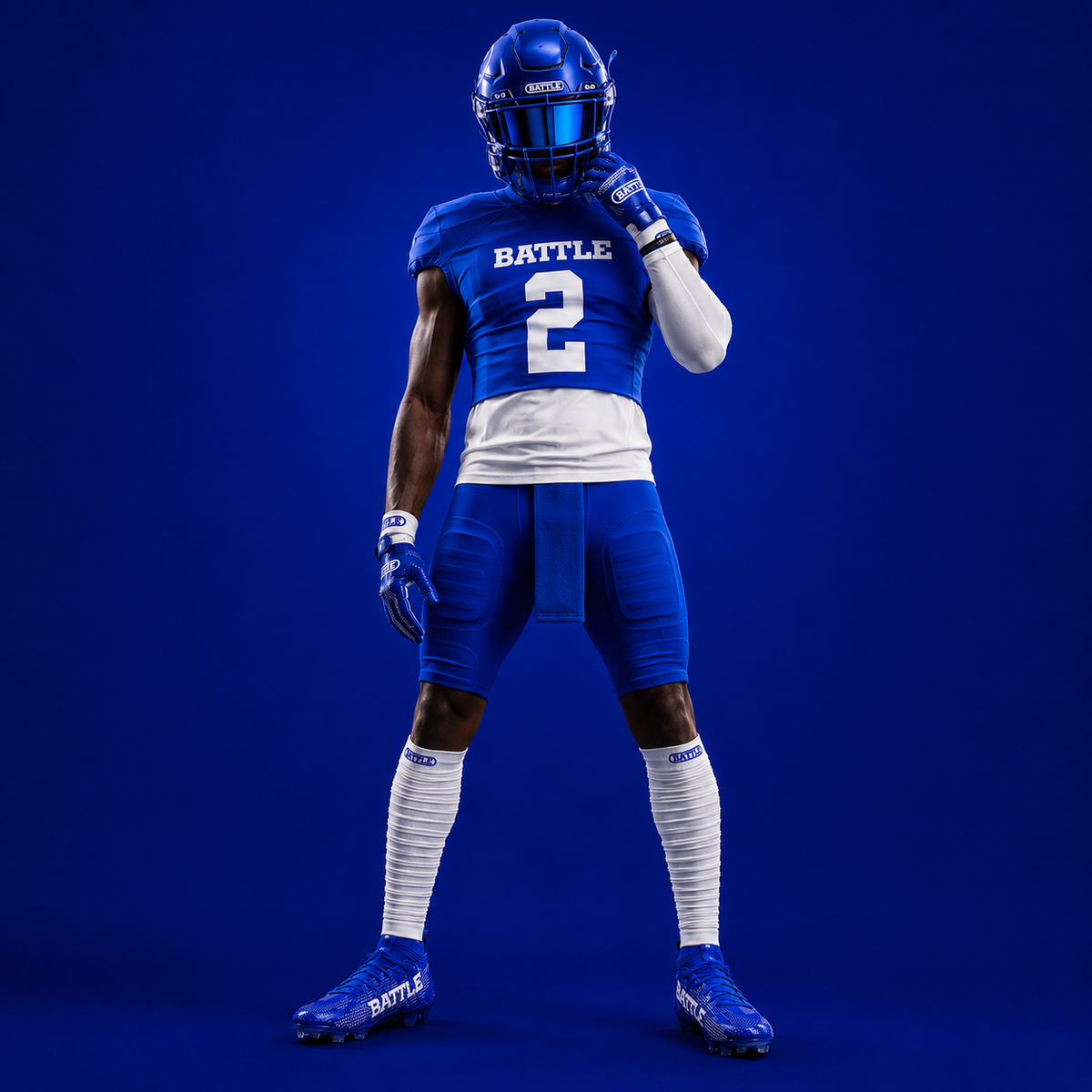 Person wearing a blue football uniform with number 2 on a dark blue background