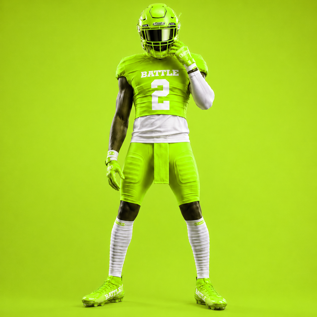 A football player wearing a bright neon yellow-green and white uniform with the name 'BATTLE' and number '2' on the chest, standing against a solid lime green studio background.