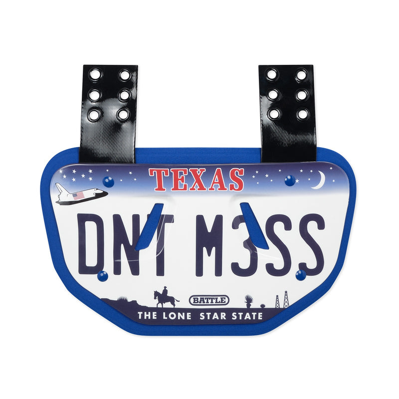 Texas license plate with 'DON'T MISS' text on a white background