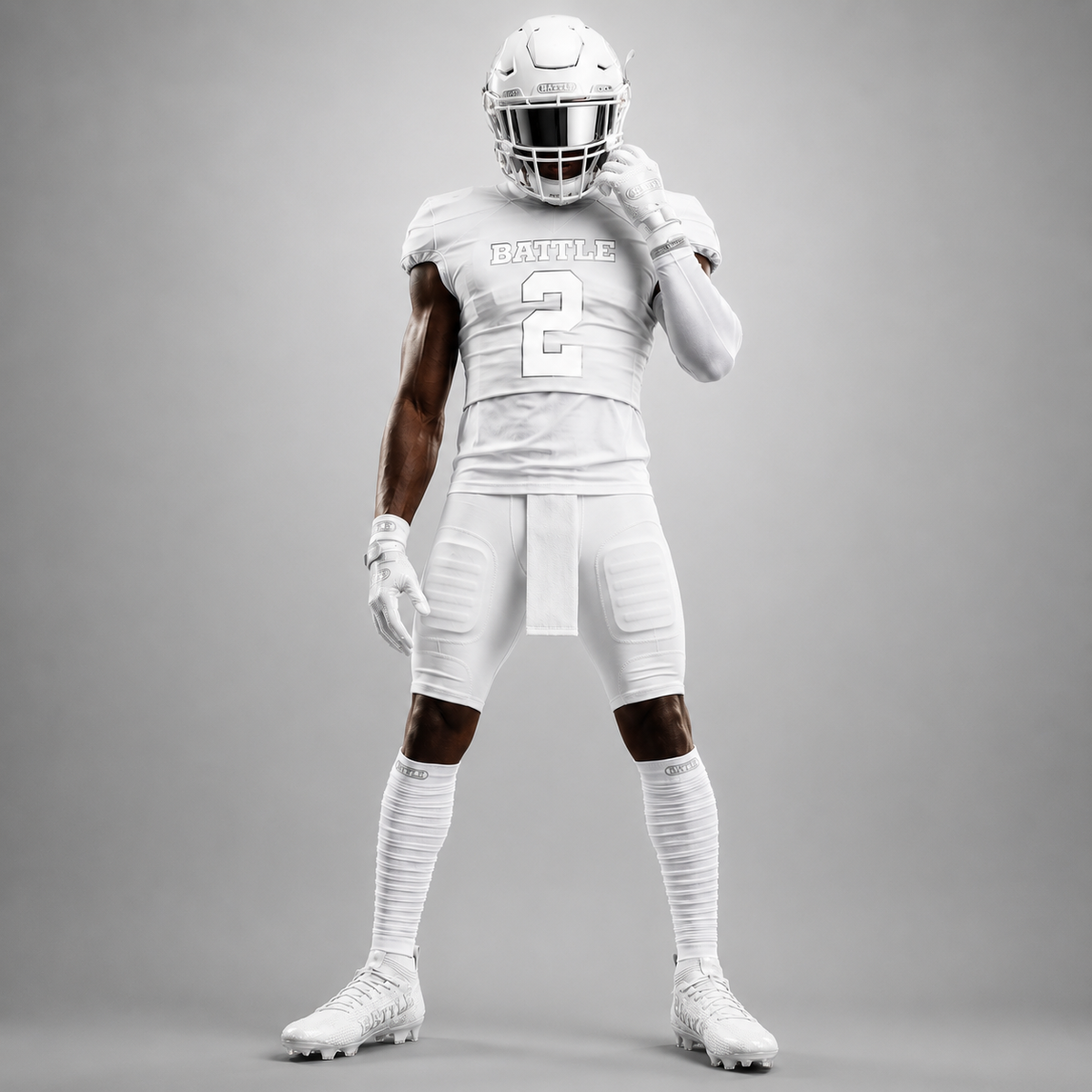 Person wearing a white football uniform with helmet on a gray background