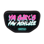 Black Backplate with 'YA GIRL'S FAV ATHLETE' text in pink and blue on a white background