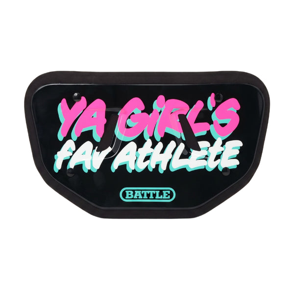 Black Backplate with 'YA GIRL'S FAV ATHLETE' text in pink and blue on a white background