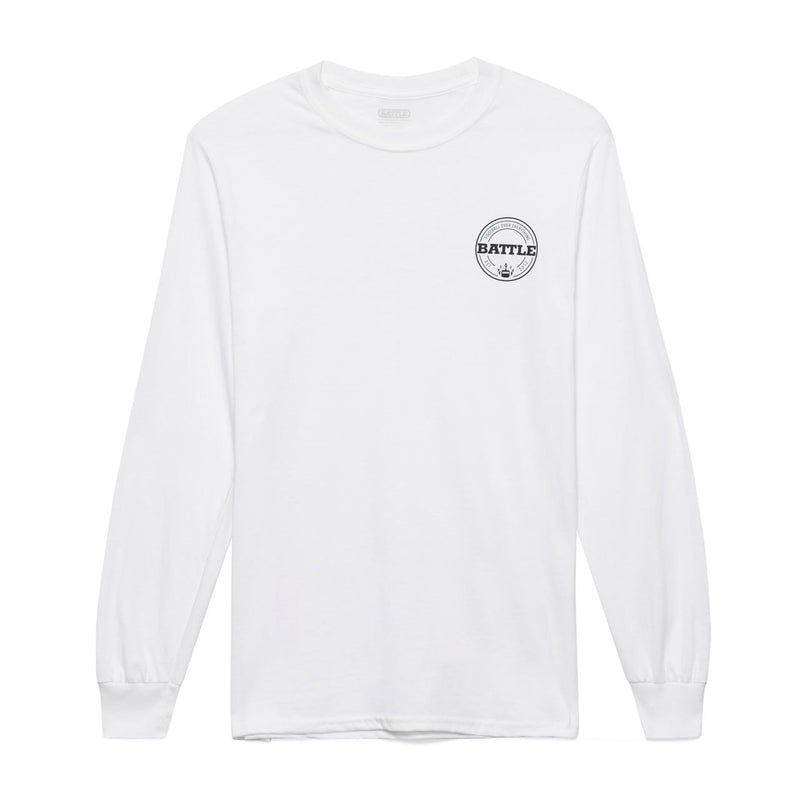 White; Battle Sports Badge Bottom Rocker Long Sleeve T-Shirt - Adult and Youth