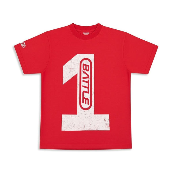 Battle Sports red cotton oversized t-shirt with a distressed white number 1 graphic and vertical Battle logo.