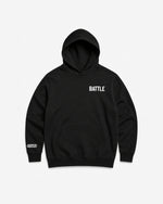 Black hoodie with 'BATTLE FOOTBALL' text on a white background