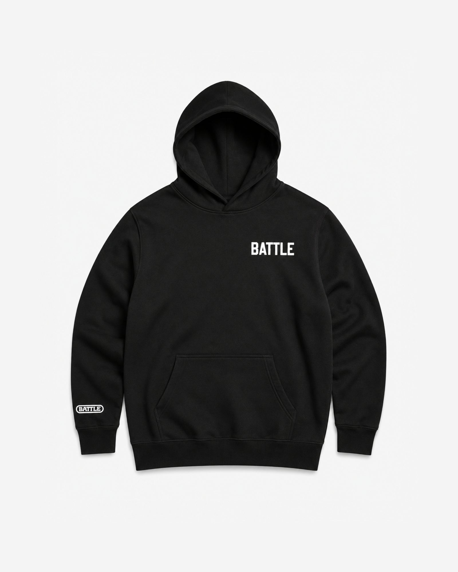 Black hoodie with 'BATTLE FOOTBALL' text on a white background