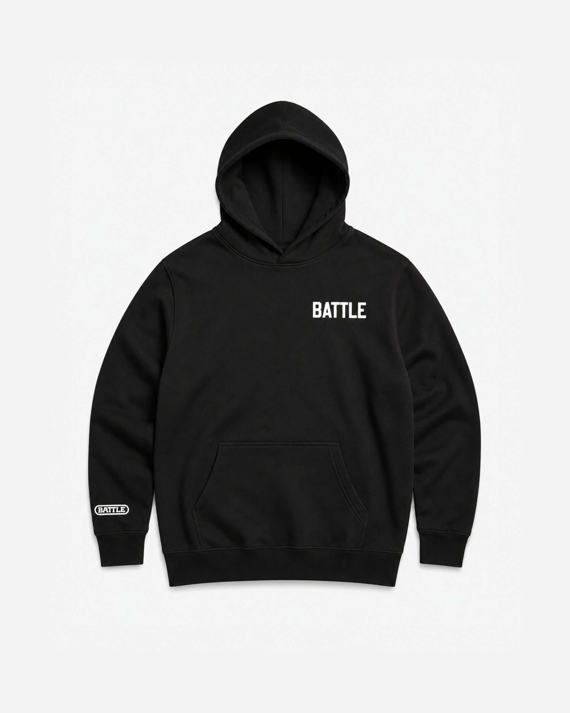 Black hoodie with 'BATTLE FOOTBALL' text on a white background