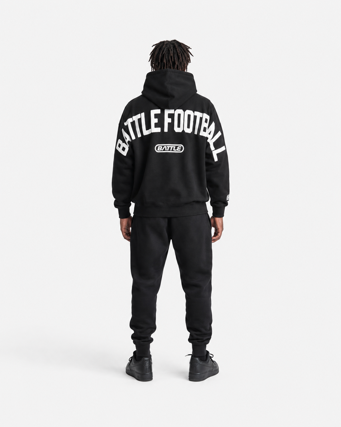 Black hoodie with 'BATTLE FOOTBALL' text on a white background