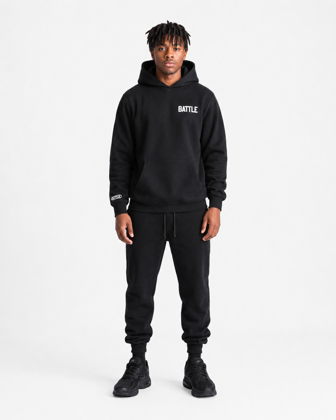 Black hoodie with 'BATTLE FOOTBALL' text on a white background