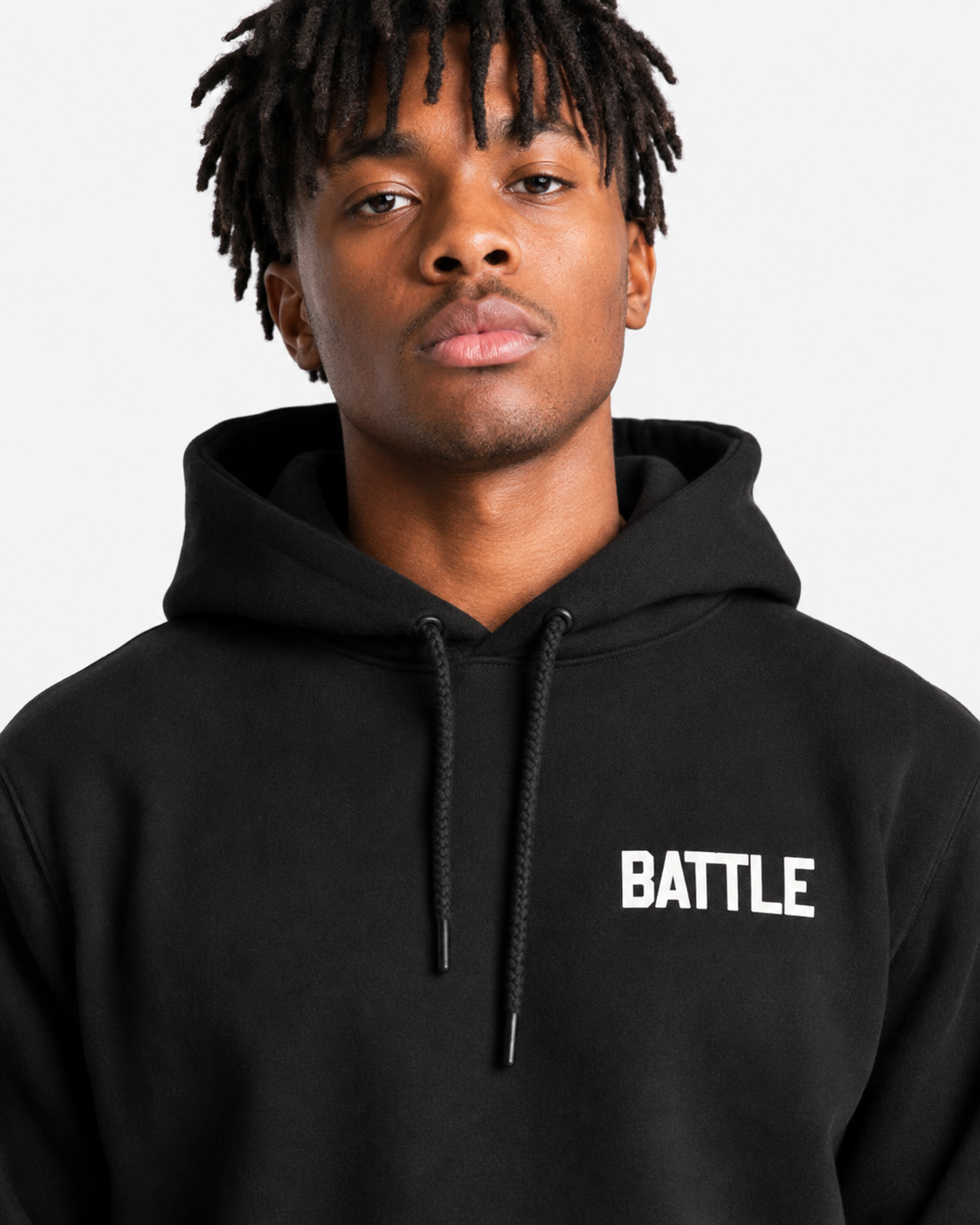 Black hoodie with 'BATTLE FOOTBALL' text on a white background