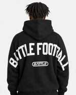 Black hoodie with 'BATTLE FOOTBALL' text on a white background