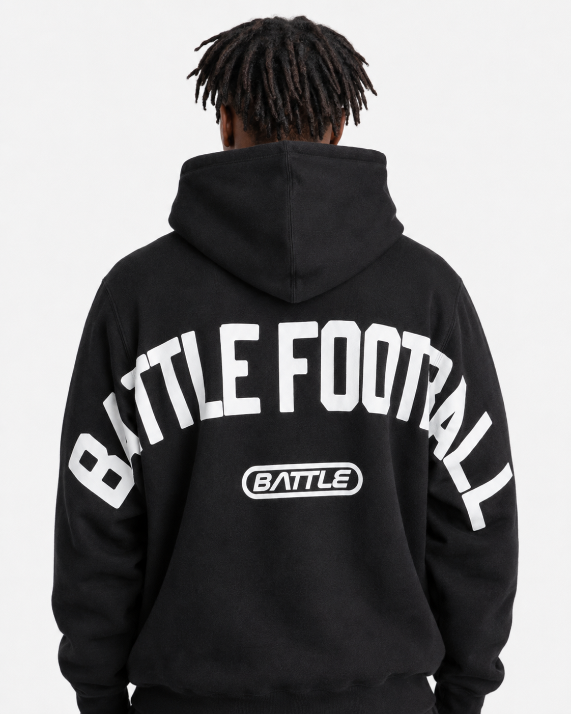Black hoodie with 'BATTLE FOOTBALL' text on a white background
