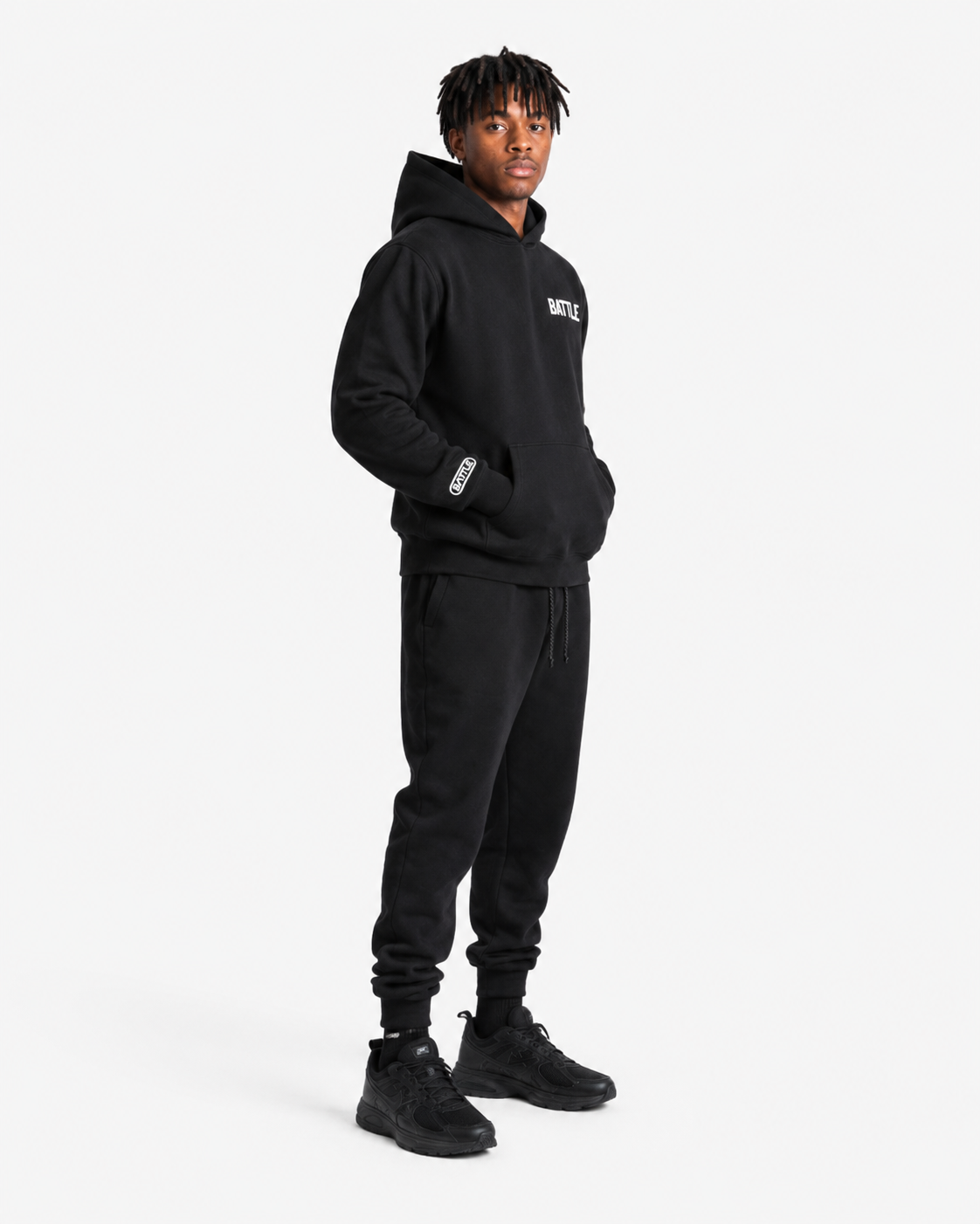 Black hoodie with 'BATTLE FOOTBALL' text on a white background