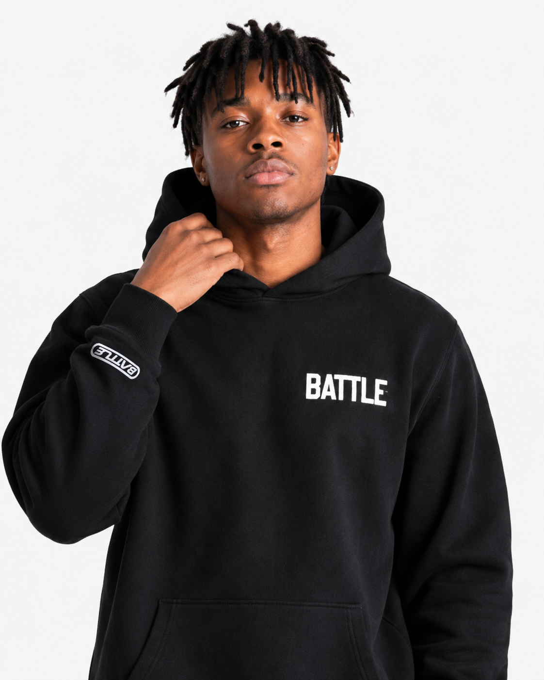 Black hoodie with 'BATTLE FOOTBALL' text on a white background