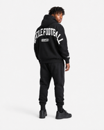 Black hoodie with 'BATTLE FOOTBALL' text on a white background