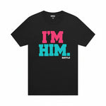 Black t-shirt with 'I'M HIM.' text in pink and blue on a white background