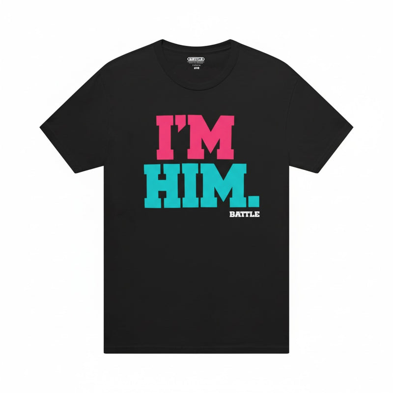 Black t-shirt with 'I'M HIM.' text in pink and blue on a white background