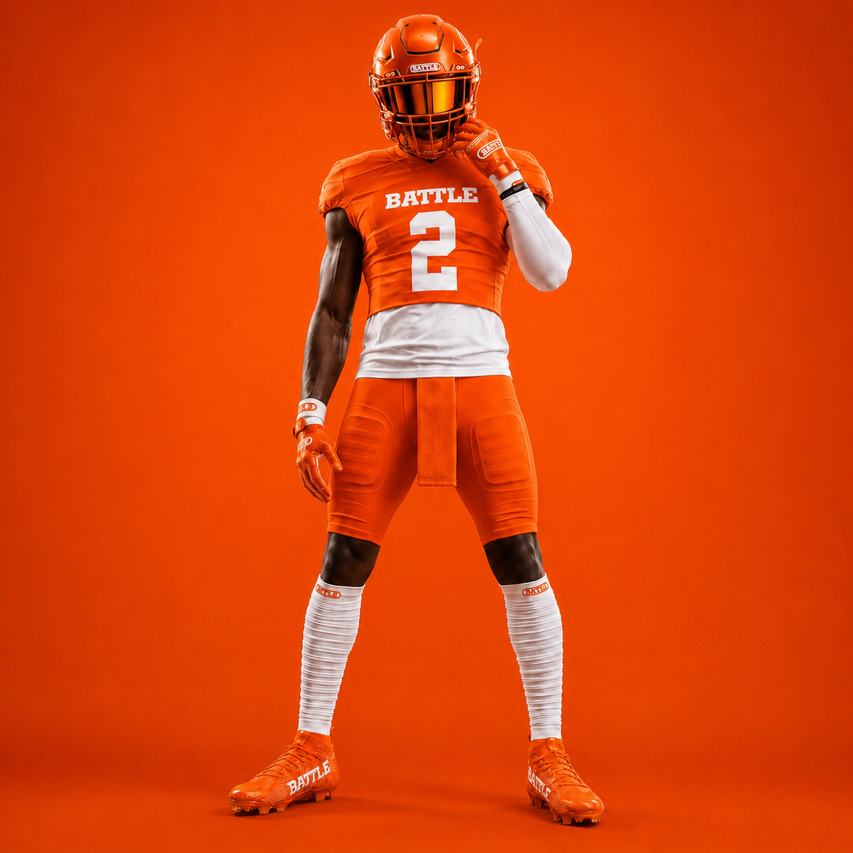 Person wearing an orange football uniform with 'BATTLE' branding on an orange background